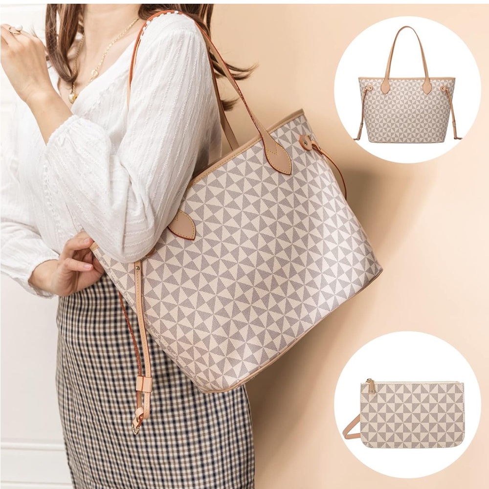 Geometric Patterned Tote Bag - Cream and Tan